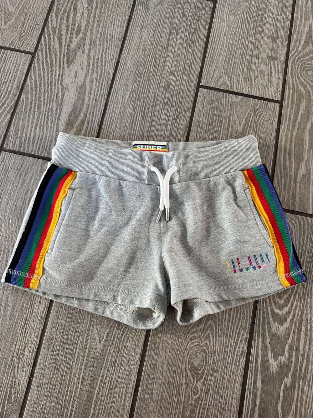 Superdry Light Gray Lounge Shorts with Rainbow Side Stripes size 6